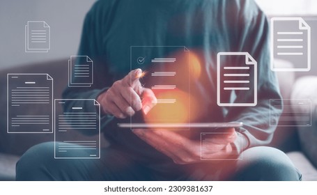 Document data system Report HR technology Concept: Businessman Manager checking white documents reports papers of files icon in modern office, paperless documents