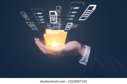 Document data system Report HR technology Concept, Businessman Manager holding data folder and white documents reports papers of files icon in modern office, paperless documents