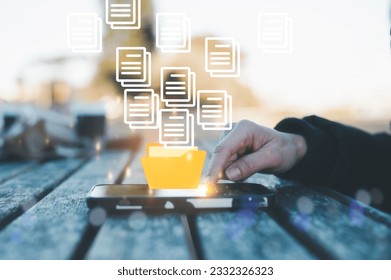 Document data system Report HR technology Concept, Businessman Manager typing on smartphone checking white documents reports papers of files icon in modern office, paperless documents