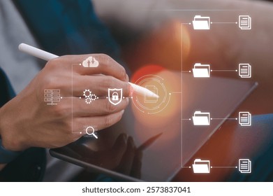 Document data system Report HR technology Concept Businessman Manager checking white documents reports papers of files icon in modern office, glowing electronic document files and digital signature