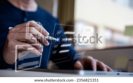 Document data system Report HR technology Concept, Man using pen and digital tablet with document icons, Businessman Manager checking white documents reports papers of files icon in modern office