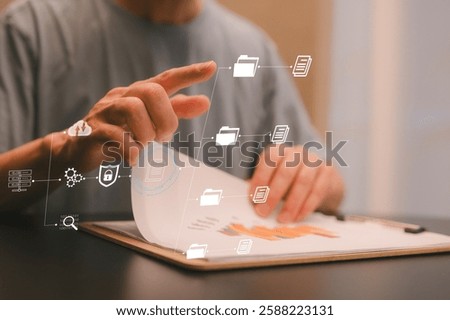 Document data system Report HR technology Concept Businessman Manager holding clipboard checking white documents reports papers of files icon in modern office