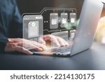 document and database management concept. record keeping database technology file access Document sharing, digital corporate storage folders,Businessman checking company documents online
