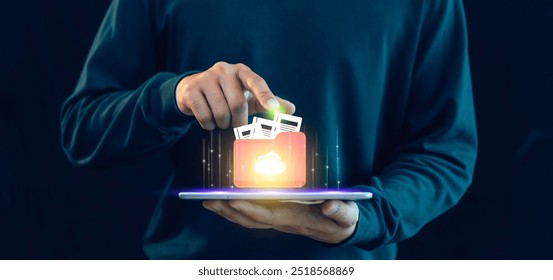 Document database online management system concept, Cloud stores, searches, shares, boosting efficiency and reducing data loss risks.software system for managing documents, information, organization.