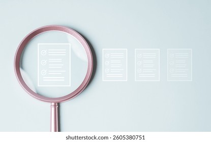 Document evaluation inspect. Contract agreement audit. Assessment survey evaluation check. A magnifying glass is used to look at a series of papers with check marks on them.