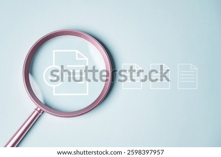 Document evaluation inspect. Contract agreement audit. Assessment survey evaluation check. A magnifying glass is used to look at a document with a check mark on it. The document is a contract.