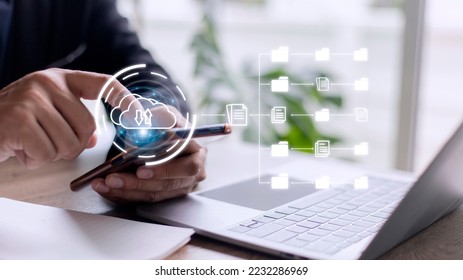 Document in folder to manage a hybrid cloud system and download or upload data to cloud computing. document management concept. - Powered by Shutterstock