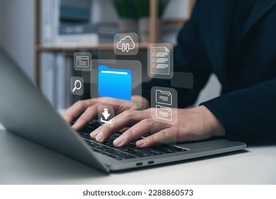 Document folder management system DMS concept, businessman using laptop connecting to digital file, data transfer backup, digital transformation, file sharing, search and managing files.