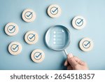Document form check with checkmarks for approval and guarantee, quality control, validation process, digital verification, checklist review, and compliance.
