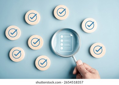Document form check with checkmarks for approval and guarantee, quality control, validation process, digital verification, checklist review, and compliance.