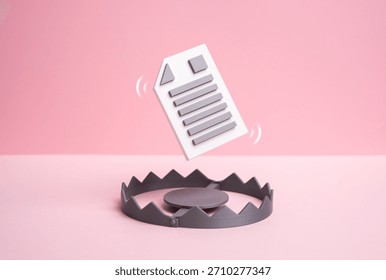 The document hovers over a trap. The contract is a trap. Unfavorable terms and high penalties. A visual warning about hidden risks. Financial literacy, legal reviews and consumer protection.