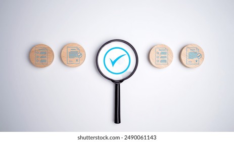 Document icon which print screen on wooden circle plank for prepare check and approve document, Quality assurance and ISO guarantee concept, Document management digital file data online.