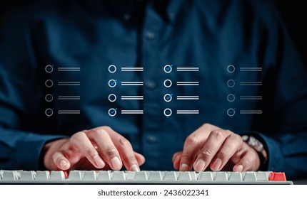 document, information, management, technology, database, folder, access, file, office, online. businessman take questionnaire, online survey online exam to choosing the right answer in the exam.
