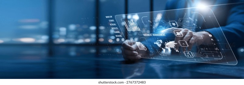Document Management. Administrator using a modern interface to organize document management systems. Secure storage, version control, and workflow automation enhance efficiency and collaboration.