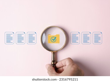 Document Management Checking System, online documentation database and process manage files, Magnifier check focus to document folder, documentation. Corporate business technology concept.