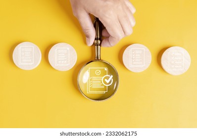 Document Management Checking System, online documentation database and process manage files, Magnifier check and focus to document folder, documentation. Corporate business technology concept.