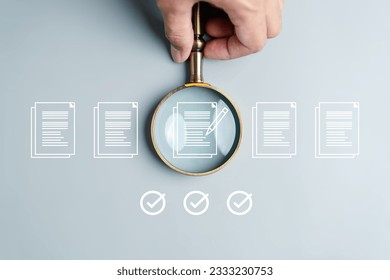 Document Management Checking System, online documentation database and process manage files, Magnifier check and focus to document folder, documentation. Corporate business technology concept.