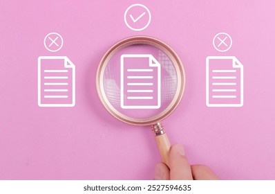 Document Management Checking System, online documentation database and process manage files, Magnifier check and focus to document folder, documentation. Corporate business technology concept.