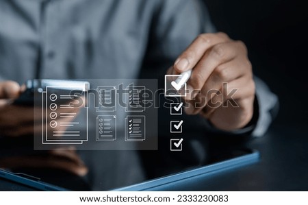 Document Management Checking System, online documentation database and process manage files, Magnifier check and focus to document folder, documentation. Corporate business technology concept.