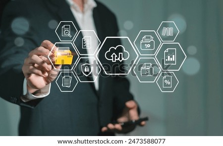 Document management concept based on cloud-based online document database. and digital file storage systems or software. Records access to database technology files. For efficient archiving and data