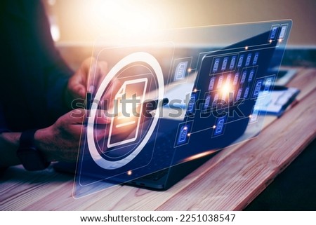 Document management concept, Businessman using computer to document management concept, online documentation database and digital file storage system or software, records keeping, database technology