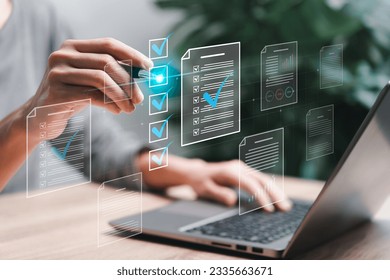 Document management concept, Businesswomen check electronic documents on digital documents on virtual screen Document Management System and process automation to efficiently document paperless operate