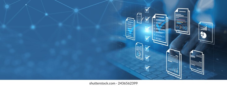 Document management concept, Businesswomen check electronic documents on digital documents on virtual screen Document Management System and process automation to efficiently document paperless operate