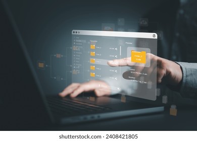 Document management concept. DMS virtual screen and online cloud folder document database. Use software for efficient archiving,  searching, sharing, transfer, exchange, and migration documentation.