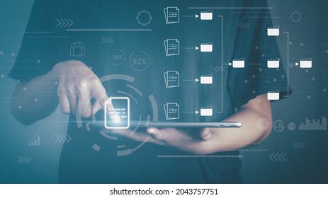 Document Management Concept. Hand Touch On Table Document Virtual Icon And Connecting Line Database And Process Automation To Efficiently Manage Files.