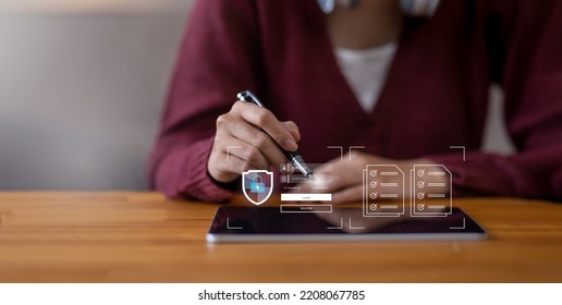 Document Management Concept With Icons On Virtual Screen, ERP, Business Woman Working On Tablet Computer Keyboard With Electronics Document