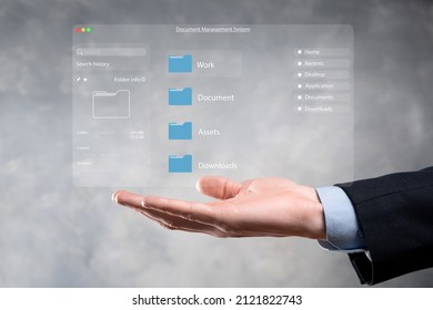 Document management concept. Virtual screen icons Document Management System DMS Online document database, software for efficient archiving, searching and management of company files and data