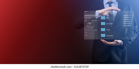 Document management concept. Virtual screen icons Document Management System DMS Online document database, software for efficient archiving, searching and management of company files and data