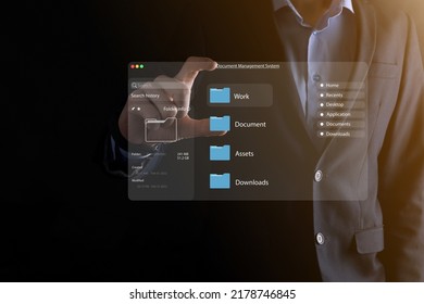 Document management concept. Virtual screen icons Document Management System DMS Online document database, software for efficient archiving, searching and management of company files and data - Shutterstock ID 2178746845