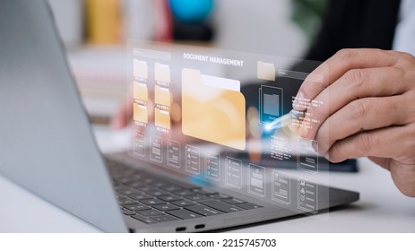 Document management concept. Virtual screen icons Document Management System (DMS) Online document database, software for efficient archiving, searching and management of company files and data.