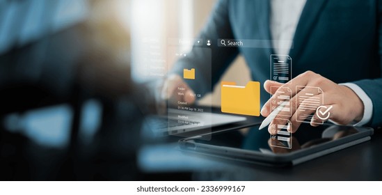 Document management concept. Virtual screen icons Document Management System DMS Online document database, software for efficient archiving, searching and management of company files and data.