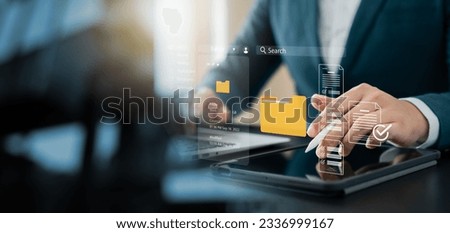 Document management concept. Virtual screen icons Document Management System DMS Online document database, software for efficient archiving, searching and management of company files and data.