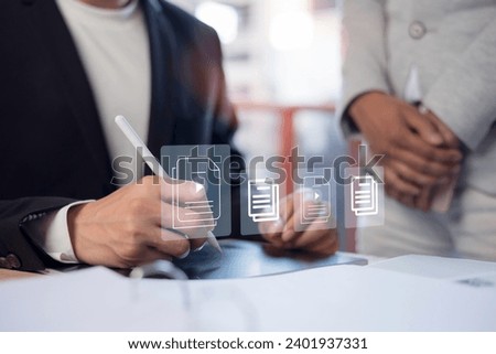 Document management concept.Document Management System (DMS) Online document database with Virtual screen icons software for efficient archiving, searching and management of company files and data.