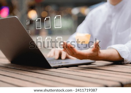 Document management concept.Document Management System (DMS) Online document database with Virtual screen icons software for efficient archiving, searching and management of company files and data.