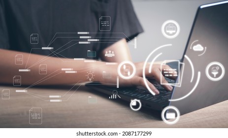 Document Management, Database Directory, E-document, Paperless Office Concept. Hand Used Laptop Show Document Virtual Icon And Connecting Line Database Process Automation To Efficiently Manage File.