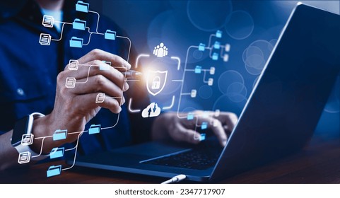 Document management in the digital era, Man's hands deftly hold and use a smartphone, interacting with a comprehensive file management system in the cloud to access and organize files and folders