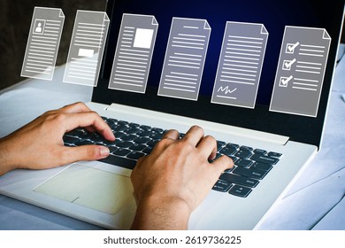 Document management and digital workflow photo with hands typing on a laptop and virtual files. Ideal for office work, digital data processing, online forms, and document organization themes.