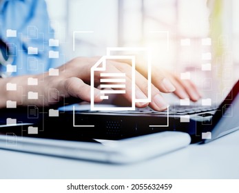 Document Management. Document File Information And Folders Icons With Businessman Hands Working On Laptop Computer, Online Digital Databases, Data Systems, And Business Internet Technology Concepts.