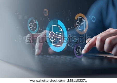 document management, file search and auditing, folder data analysis. A person is typing on a laptop with a blue screen that has a circle with a check mark on it.