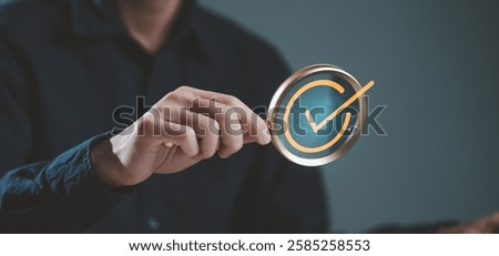 document management, file search and auditing, folder data analysis. A man is holding a magnifying glass over a check mark. Concept of importance and attention to detail.