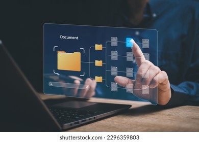 Document management network system concept, Businessman use laptop search documents in online archives ,Document management Storage and technology on digital document paperless operation