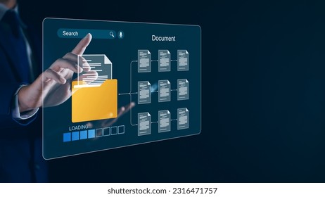 Document management and network system concept. Businessman use smart tablet loading documents in online archives ,Document management Storage and technology on digital document paperless operation.
