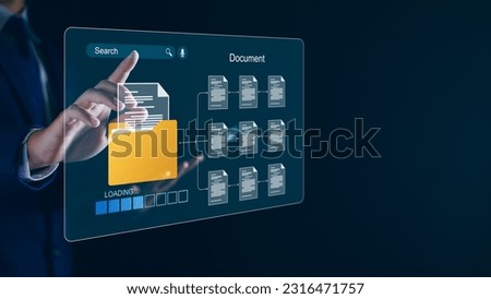 Document management and network system concept. Businessman use smart tablet loading documents in online archives ,Document management Storage and technology on digital document paperless operation.