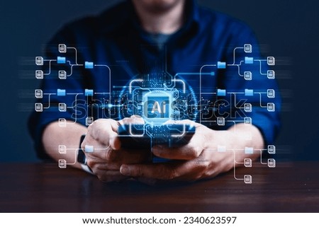 Document management with the perfect fusion of human ingenuity and artificial intelligence, Man's hands use a smart phone to access a cutting-edge cloud-based system enhanced by AI technology