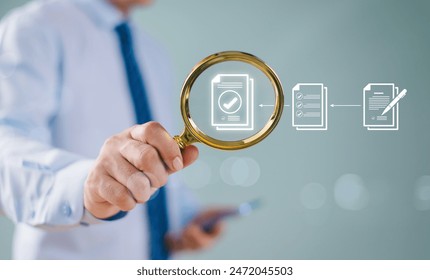 Document management service concept. Inspect check system, online document database approve, process manage file. Businessman hold magnifying glass. Audit compliance corporate business technology - Powered by Shutterstock