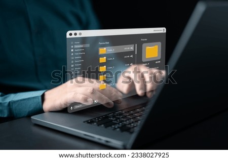 Document management software. Virtual screen with Document Management System, DMS, Online cloud document database, application for efficient archiving, searching and management company files and data.